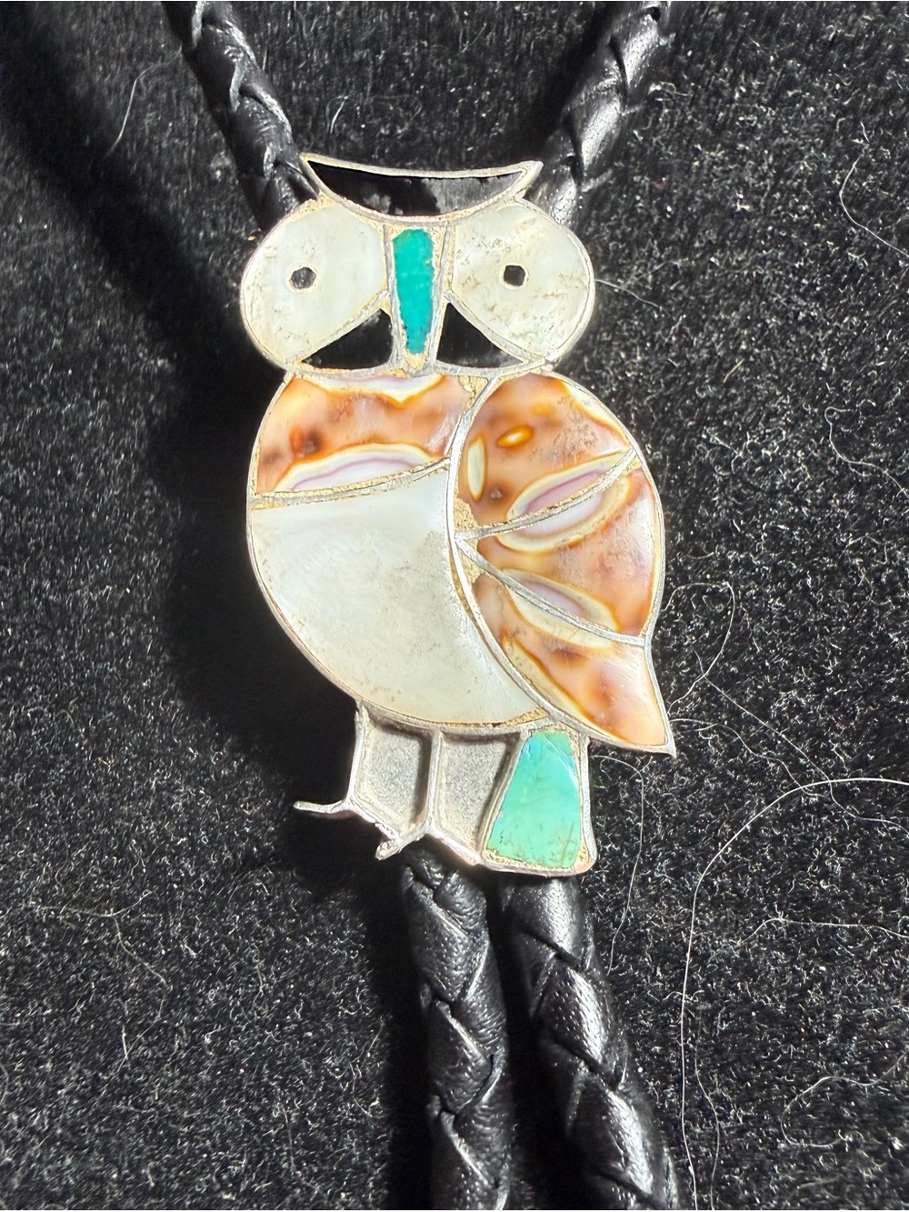 Zuni 2”Owl 925 Bolo Tie W/ 2 x 1”Owls On Leather Cord. Turquoise & Coral Inlay